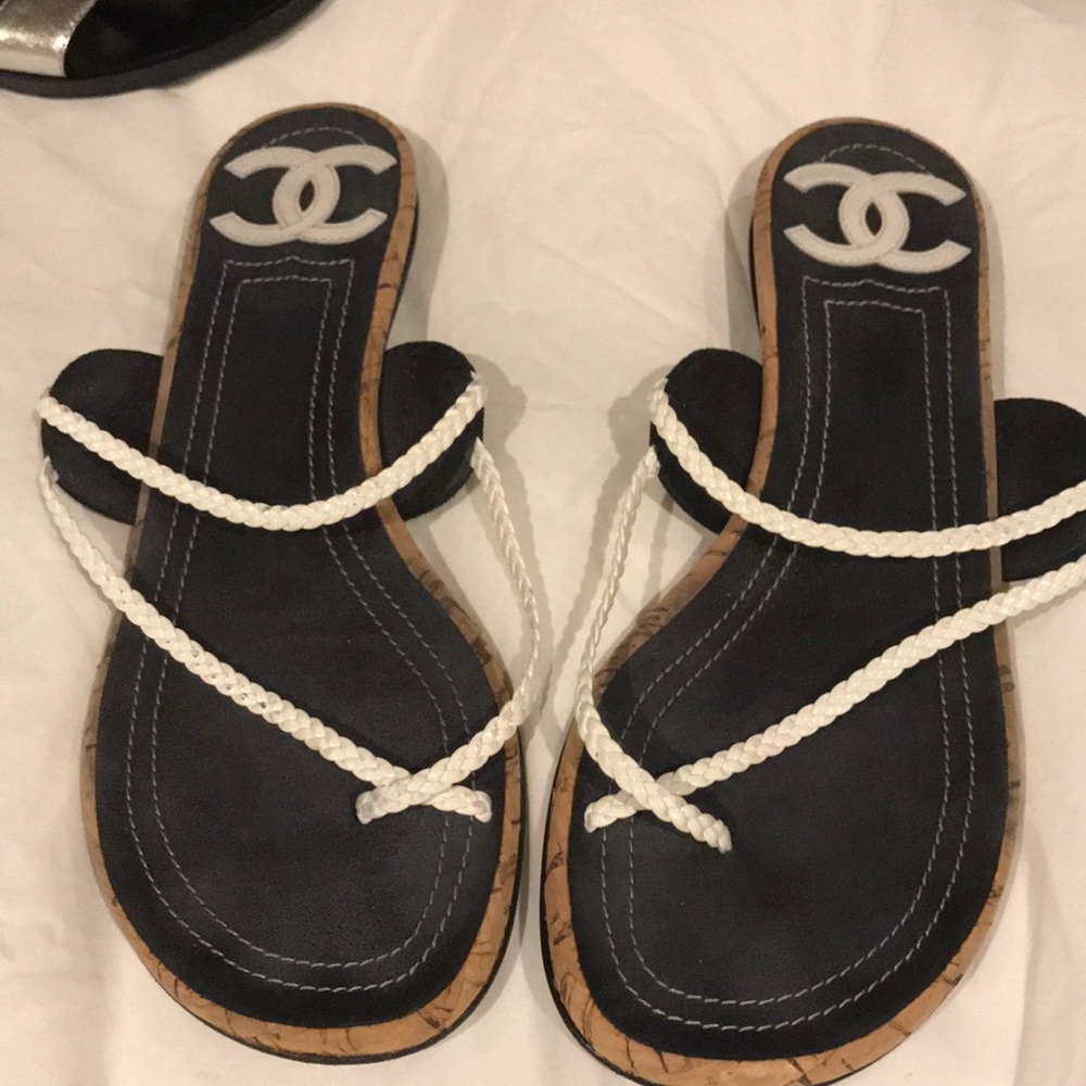 Chanel white leather rope flat sandals